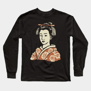 Japanese Geisha Linocut Print Long Sleeve T-Shirt